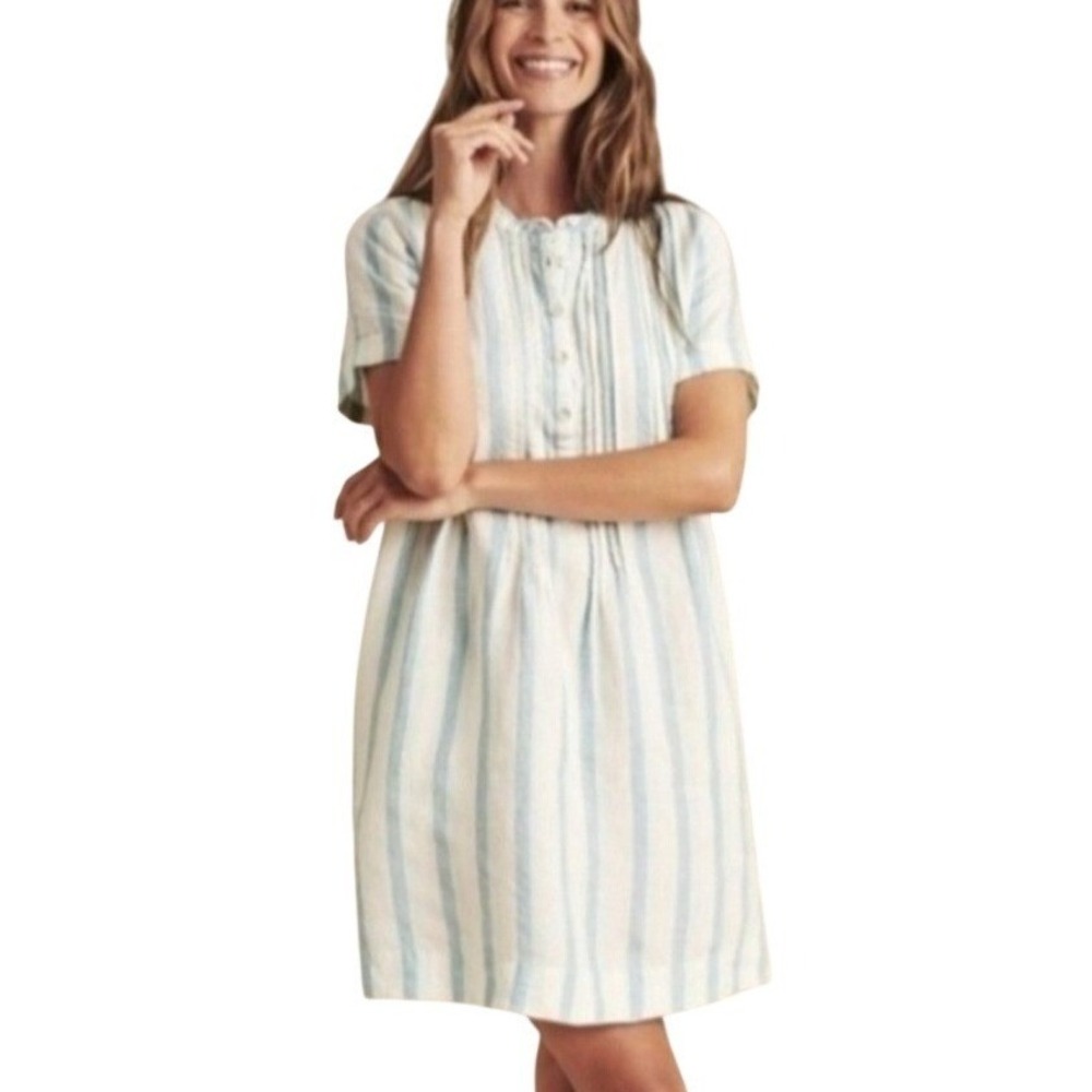 Faherty Gemina Blue White Striped 100% Linen Pintuck Shift Dress Pockets Small